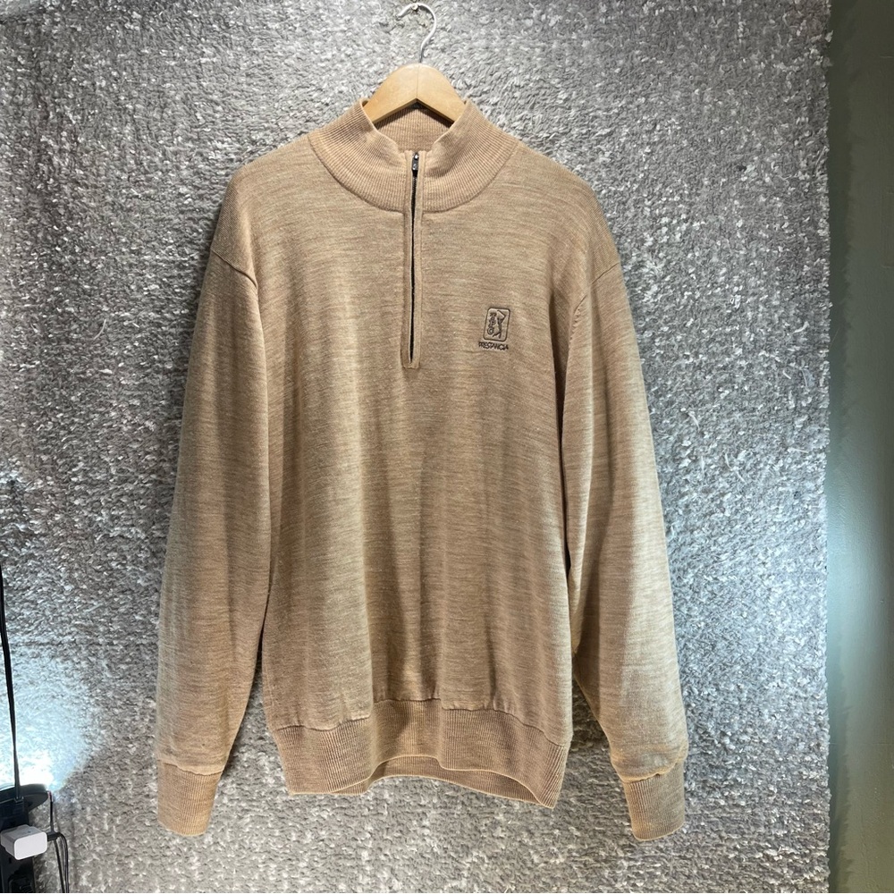 FootJoy Men's Wool Tan Brown 1/4 Zip Pullover Sweater Lined L "PRESTANCIA" READ